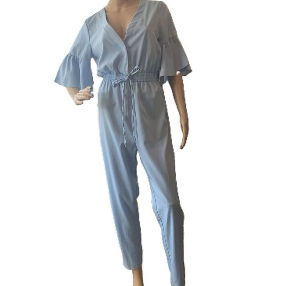 SHEIN Light Blue Bell Sleeves V-Neck Elastic Waist Tie Jumpsuit Size S - Picture 1 of 15